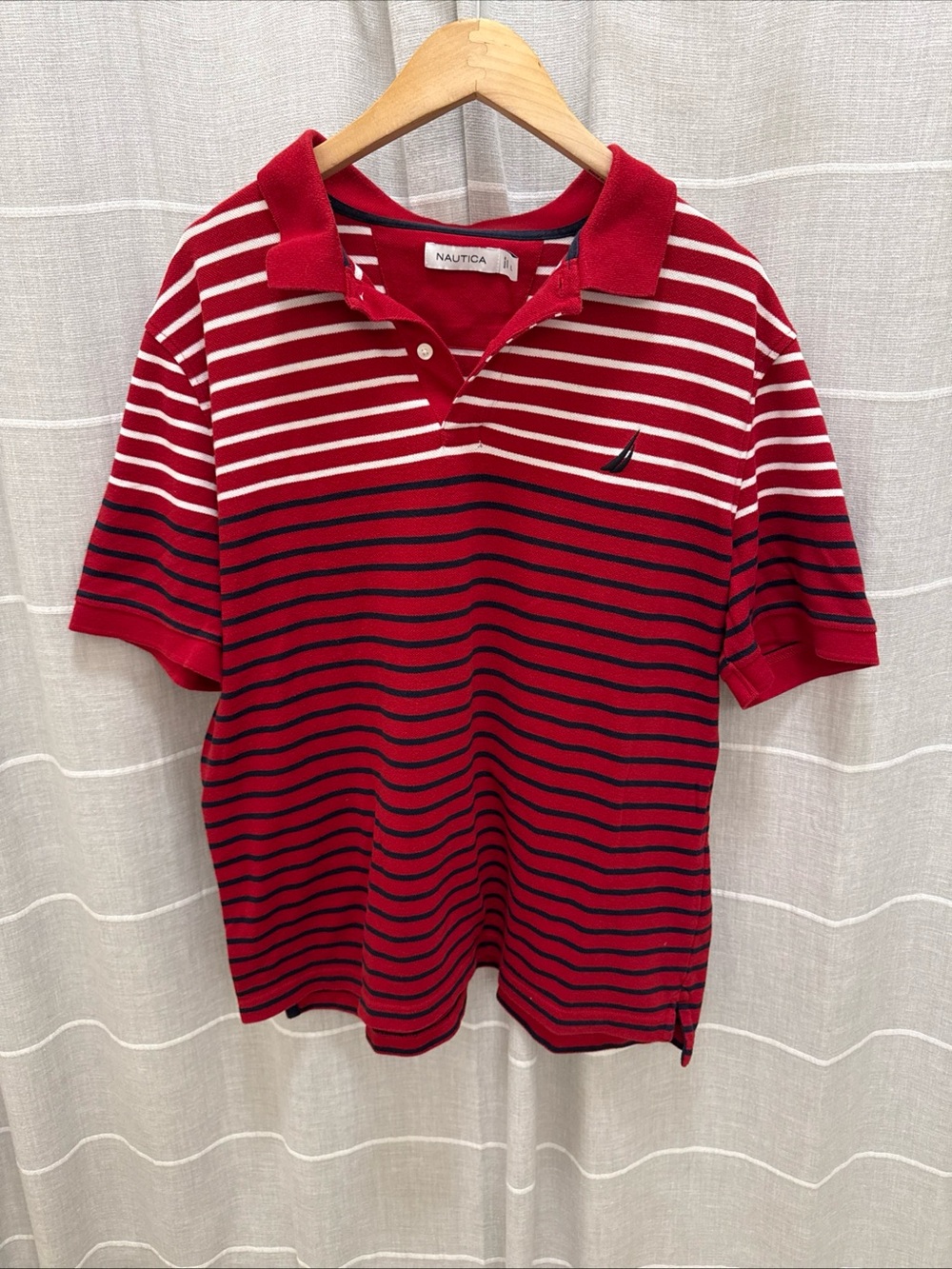 Nautica Red, White & Navy Striped Polo Shirt